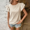 thumbnail image 1 of HOMBOM Beige Women Shirts Casual Striped Crew Neck Loose Ruffled Sleeve Short Sleeve Blouse XL, 1 of 6