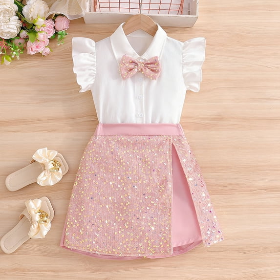 HOMBOM Big Girls Summer Outfits Solid Color Ruffle Flutter Sleeve Bow Shirt & Sequin Split Skort 2 Piece Sweet Casual Set Age 5-14 Years,Pink,9 Years