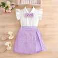 thumbnail image 1 of HOMBOM Big Girls Summer Outfits Solid Color Ruffle Flutter Sleeve Bow Shirt & Sequin Split Skort 2 Piece Sweet Casual Set Age 5-14 Years,Purple,11 Years, 1 of 8