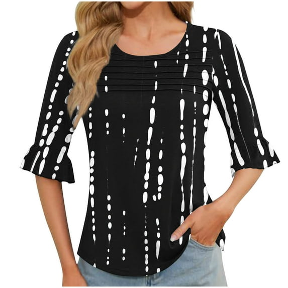 HOMBOM Black Blouses for Women Crew Neck Half Sleeve Pullover Ruffle Sleeve Front Pleated Polka Dot 2025 Top