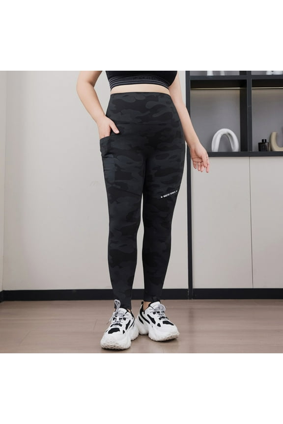 Black Camo Leggings for Womens Plus Size High Waisted Tummy Control with Pockets Seamless Warm Ladies Pants Sports M