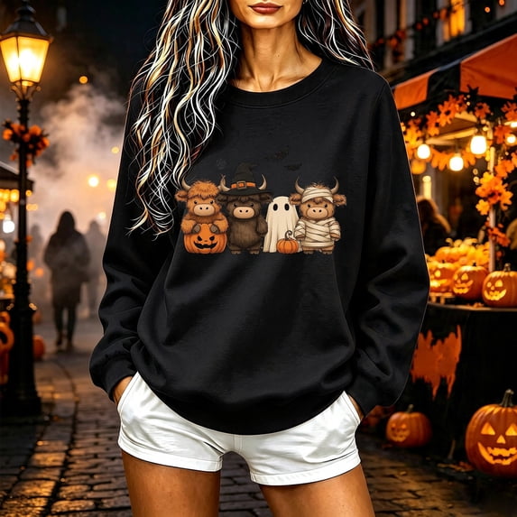 HOMBOM Black Cute Sweatshirt for Women Crewneck Loose Long Sleeve No Hood Graphic Pullover for Ladies Festive Vintage Shirts,M