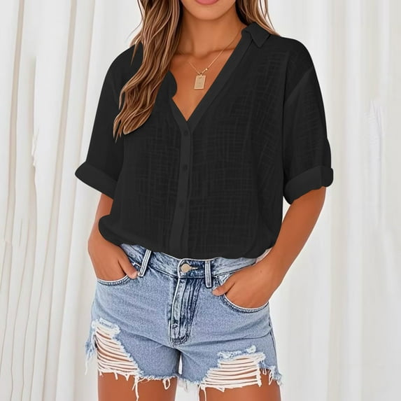 HOMBOM Black Shirts for Women Spring V Neck Short Sleeve Solid Button Cotton Linen Shirts XL