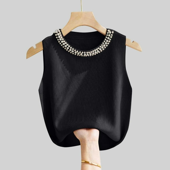 HOMBOM Black Summer Tops for Women 2025 Spaghetti Straps Crew Neck Sleeveless Solid Color Knitted Vest