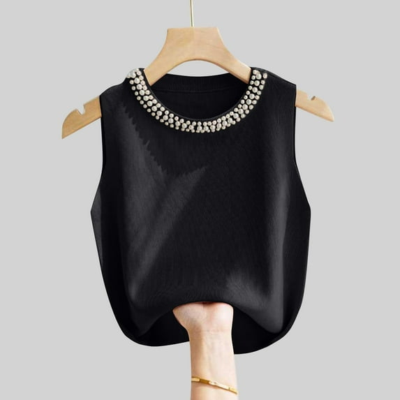 HOMBOM Black Summer Tops for Women 2025 Spaghetti Straps Crew Neck Sleeveless Solid Color Knitted Vest