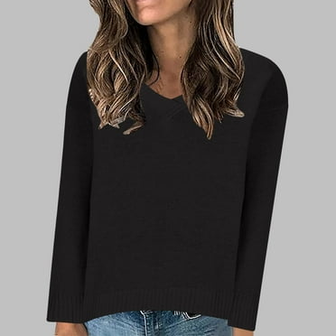 HOMBOM Black Sweaters for Women 2024 V-Neck Solid Casual Long Sleeve Sweaters S