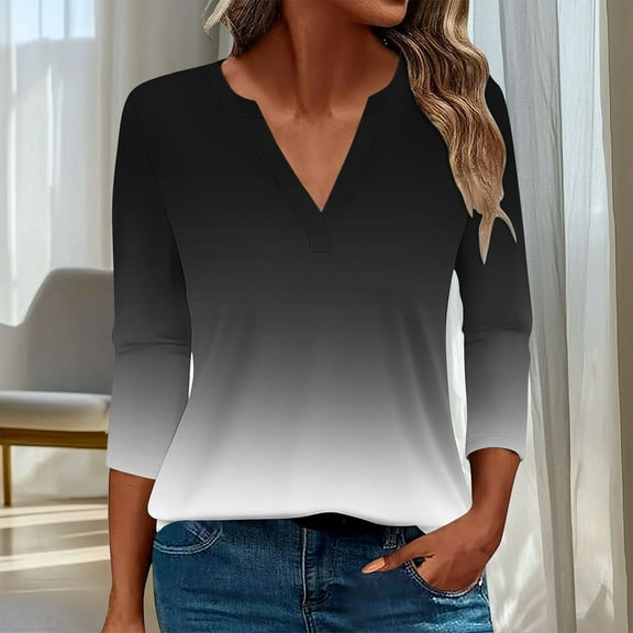 HOMBOM Black T Shirts for Women 3/4 Sleeve V-Neck Summer Gradient Color 2025 Casual T-Shirts