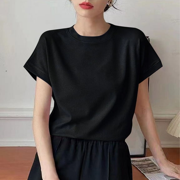 HOMBOM Black Tops for Women Trendy Crew Neck Basic Solid Short Sleeve T-shirt M