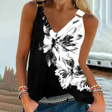 HOMBOM Black Trendy Tops for Women Tank Tops Sleeveless V-neck Floral Metal Tank Blouse L