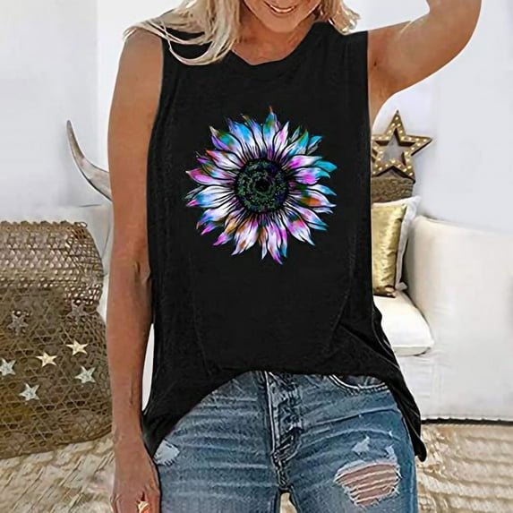 HOMBOM Black Women Tops On Sale Under $10 Tank Tops Sleeveless Sunflower Round Neck Graphic Tank Tee XL