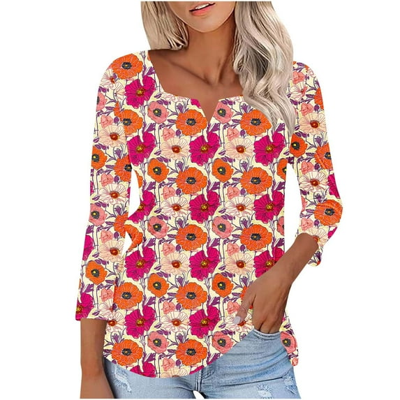 HOMBOM Blouses for Women 3/4 Sleeve Fall Notch Neck Pullover Floral Graphic Fall Shirt