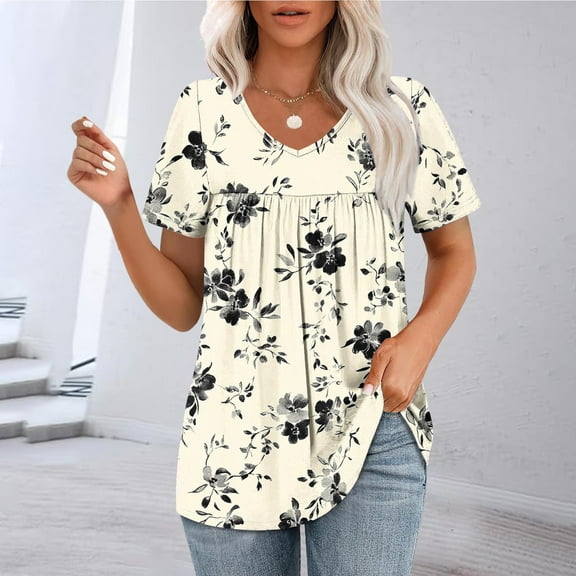 HOMBOM Blouses for Women Beige Tunic Casual Pleated V Neck Short Sleeve Floral Shirts M