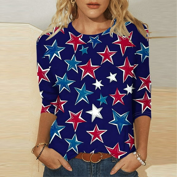 HOMBOM Blouses for Women Crew Neck Dressy 3/4 Sleeve Navy Loose Graphic Star Independence Day T-Shirts