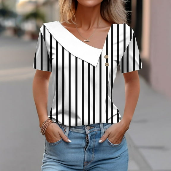 HOMBOM Blouses for Women Gray Summer Striped Asymmetrical Collar Lapel V Neck Short Sleeve T-shirt L