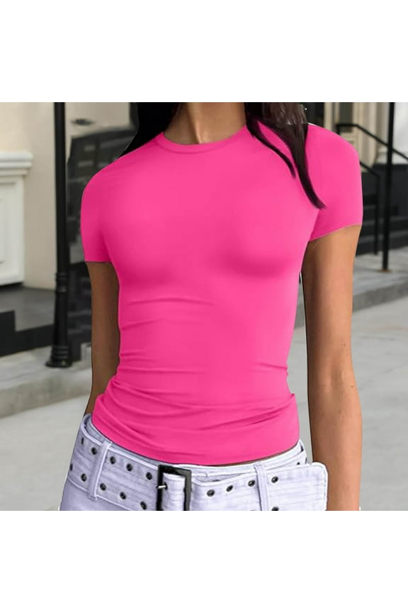 Blouses for Women Hot Pink Summer Solid Short Sleeve Slim Fit Y2K Crew Neck T-shirt M