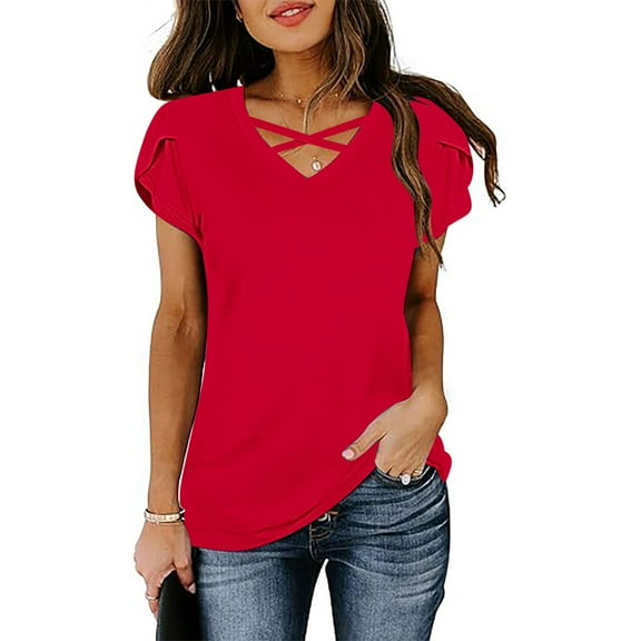 HOMBOM Blouses for Women Red Casual V Neck Short Sleeve Loose Solid Ruffled Sleeve Shirts S