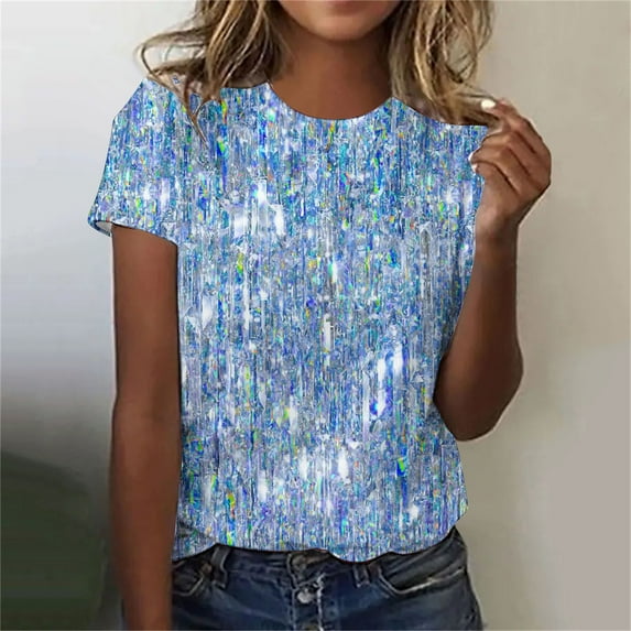 HOMBOM Blouses for Women Short Sleeve Crewneck Sequin Print Blue T-shirts Trendy Tops