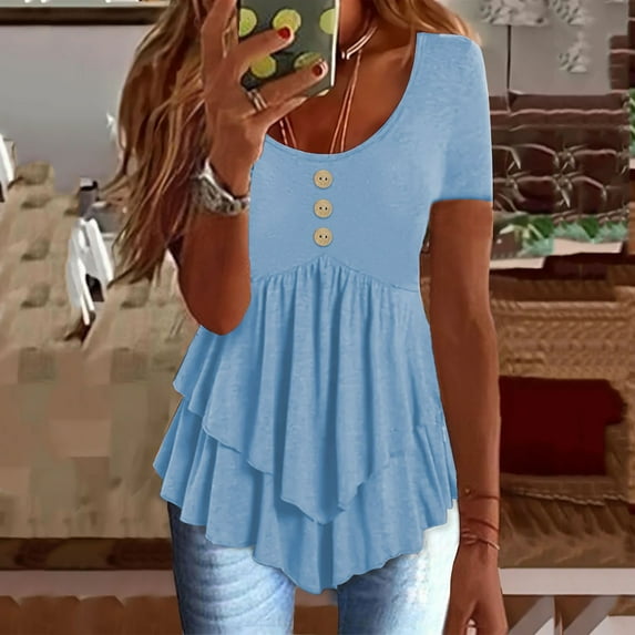 HOMBOM Blouses for Women Sky Blue Elegant Crew Neck Layered Hem Short Sleeve Solid Pleated Blouse L