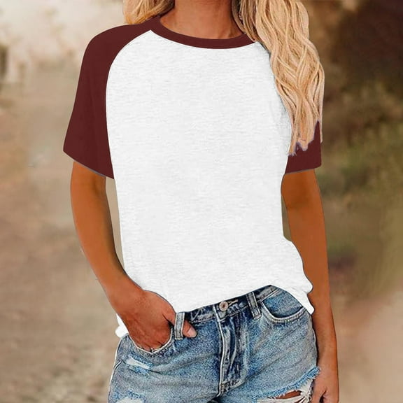 HOMBOM Blouses for Women Spring Wine Contrasting Color Basic Raglan Sleeve Crew Neck Short Sleeve T-shirt 2XL