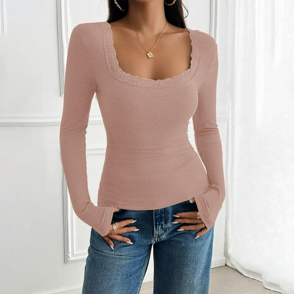 HOMBOM Blouses for Women Square Neck Long Sleeve Pink Pullover Fall Slim Fit Plain Blouse