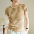 thumbnail image 1 of HOMBOM Blouses for Women Striped Trendy Beige Crew Neck Cotton Short Sleeve Slim Fit T-shirt XL, 1 of 8
