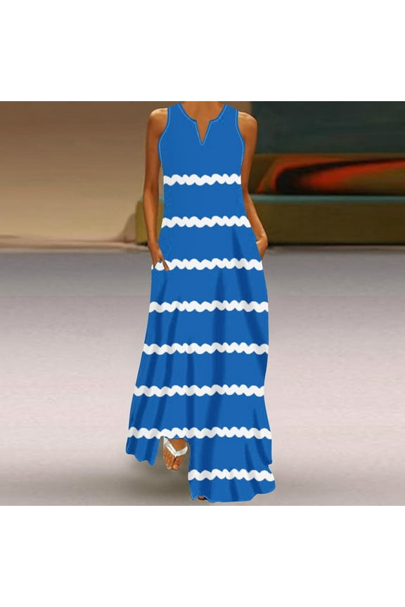 Blue A-Line Dress for Women Sleeveless Maxi Dresses for Women Striped V-Neck Retro 1950s Dresses S