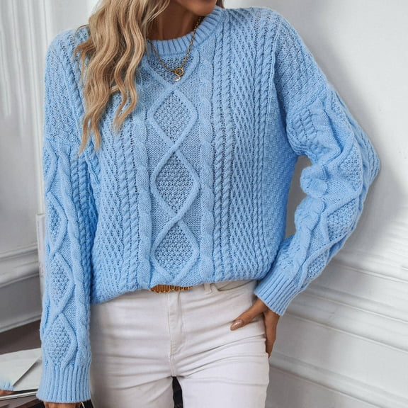 HOMBOM Blue Cozy Sweaters for Women Crew Neck Casual Long Sleeve Cable Knit Solid Sweaters M
