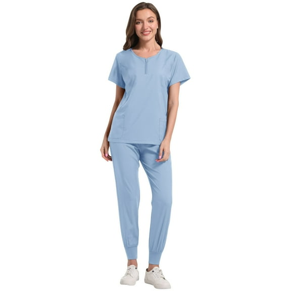 HOMBOM Blue Scrubs for Women Medical Top and Joggers Scrub Pant Short Sleeve Comfortable Ladies Working Uniforms