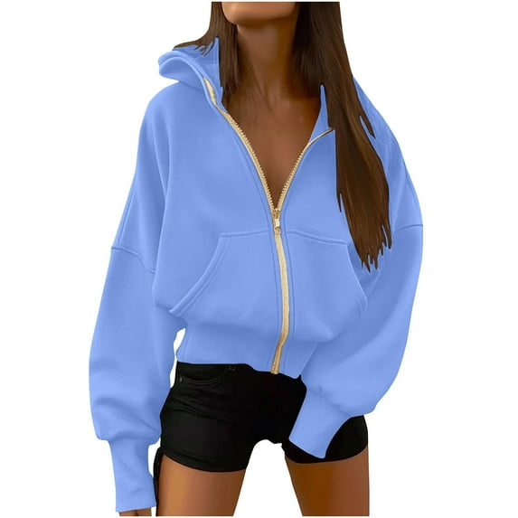 HOMBOM Blue Sweatshirts For Women Trendy Plain V-Neck Hooded Casual Zip-Up Long Sleeve Soft Sweatshirt XL