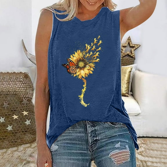 HOMBOM Blue Tank Tops Sleeveless Crew Neck Sunflower Print Tunic Blouse Tops Trendy Tops for Women 2024 M