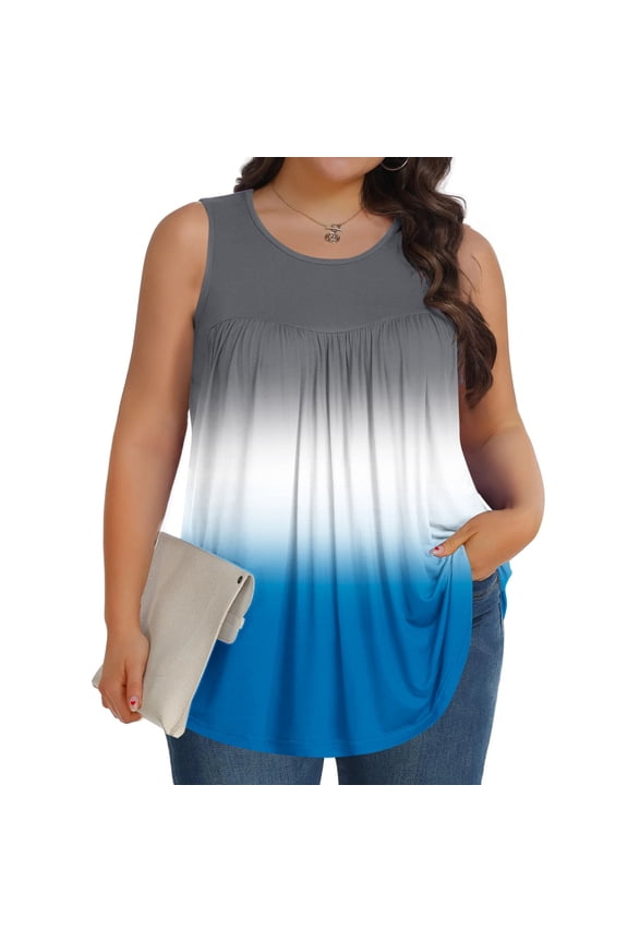 Blue Tops for Women 2025 Plus Size Tank Top Crew Neck Sleeveless Color Blocking Tunic Blouse