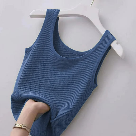 HOMBOM Blue Tops for Women Trendy Summer Ribbed Camisole Dressy Solid Color Crew Neck Slim Sleeveless Shirt