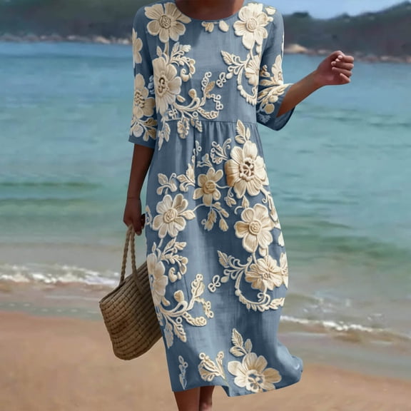 HOMBOM Boho Dresses for Women Casual Midi with Pockets Floral Crew Neck 3/4 Sleeve Everyday Womens A-Line Dress