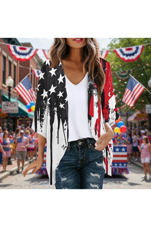 Boho Kimono for Women Dusters Cardigan Lightweight 3/4 Sleeve 4th of July Resort Young Womens Cover Ups Flowy