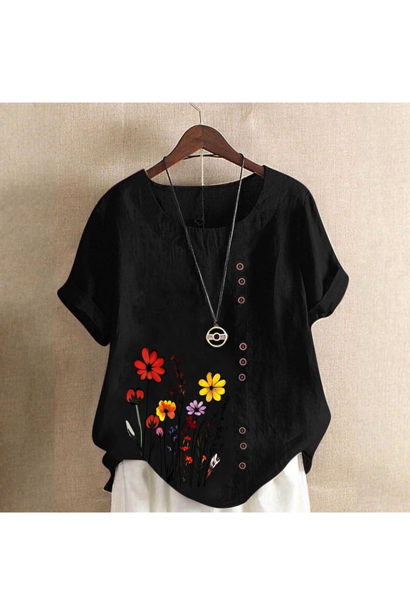 Boho Shirts for Women Tunic Tops Short Sleeve Casual Cotton Linen Spring Crewneck Ladies T Shirts Floral