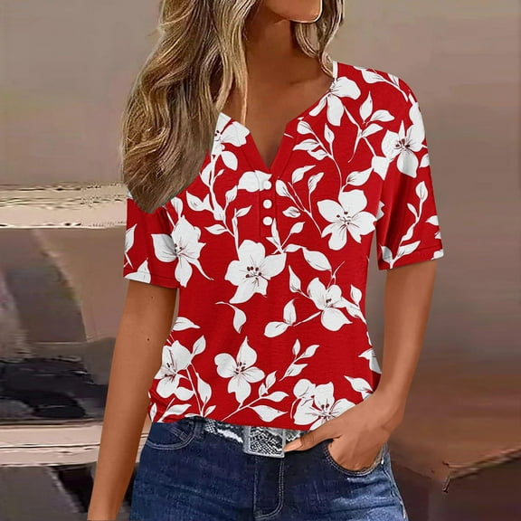 HOMBOM Boho Women Tops Casual 2025 Red Short Sleeve Floral Button V Neck T-shirt L