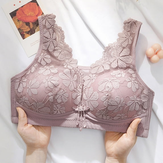 HOMBOM Bralette Bras for Older Women Breathable Lace Full Coverage Bras Purple Wireless Basic Brassiere 36C