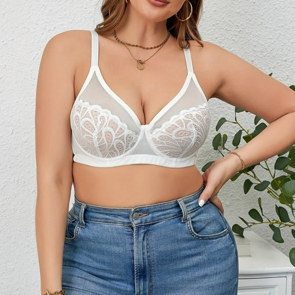 HOMBOM Bralette Bras for Women Minimizer Wireless Breathable Plus Size Bras Lace Soft Spaghetti Straps White Brassiere 34E