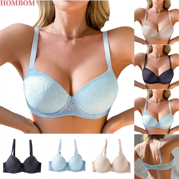 HOMBOM Bras for Women Minimizer Spring Unlined Bralette Bras Wireless Comfort Blue Spaghetti Straps Brassiere 36B