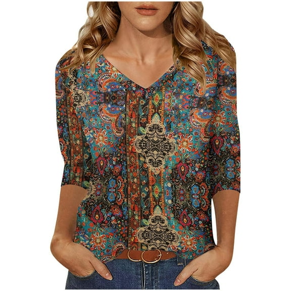HOMBOM Brown T Shirts for Women V-Neck Cute 3/4 Sleeve Vintage Floral Loose Holiday T-Shirts