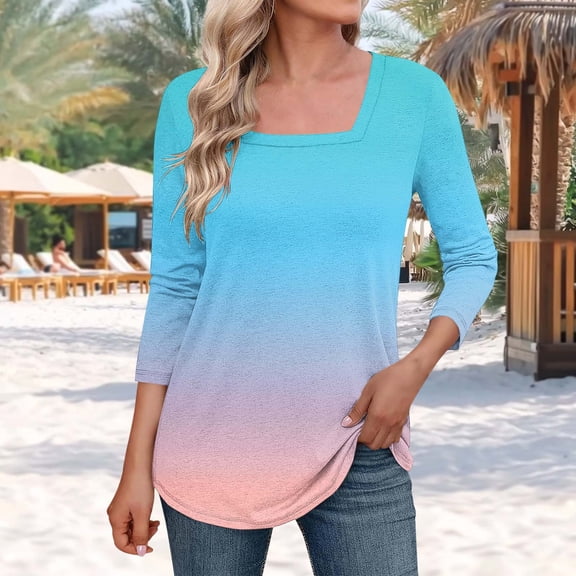 HOMBOM Business Women Blouses 3/4 Sleeve Sky Blue Square Neck Gradient Color New arrivals Casual Blouse