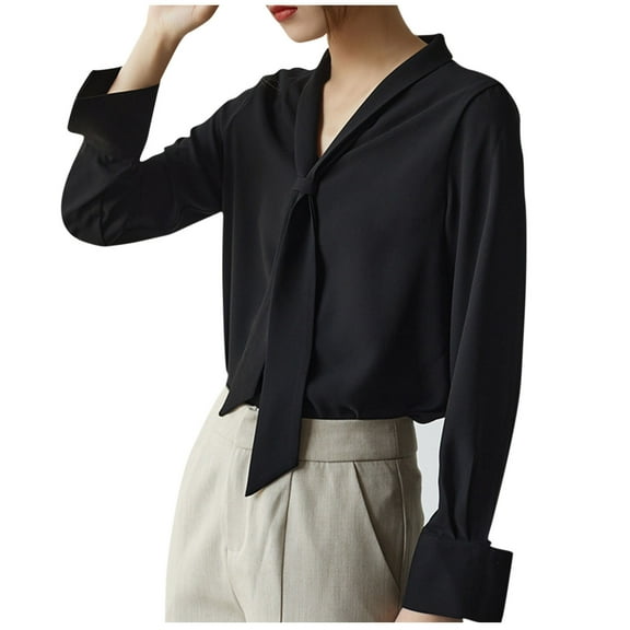 HOMBOM Bussiness Casual Shirts for Women Long Sleeve V-Neck Black Fall Tops Dressy Solid Womens