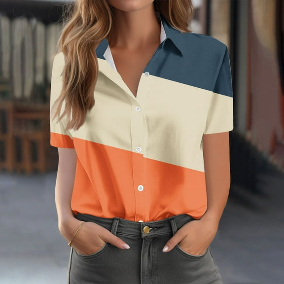 HOMBOM Button down Shirts for Women Holiday Orange Collared Casual Short Sleeve Color Block Tops M