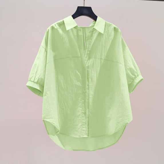 HOMBOM Button down Shirts for Women Spring Yellow High-Low Solid Short Sleeve 2025 Collared Tops XL