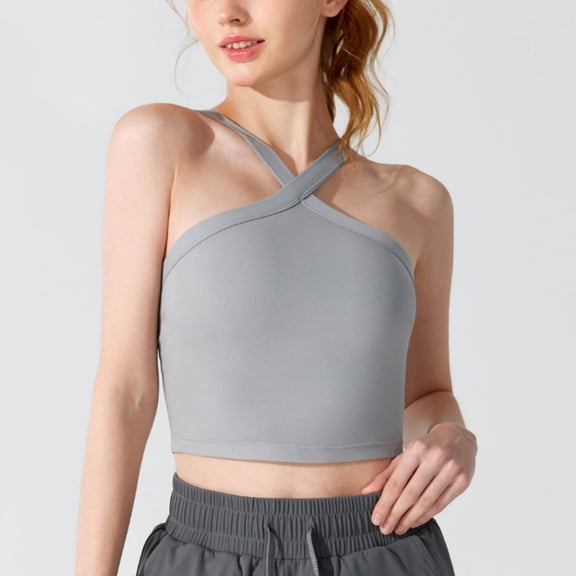 HOMBOM Camisole Tops for Women 2025 Built in Bra Gray Strapless Halter Solid Color Sleeveless Shirt