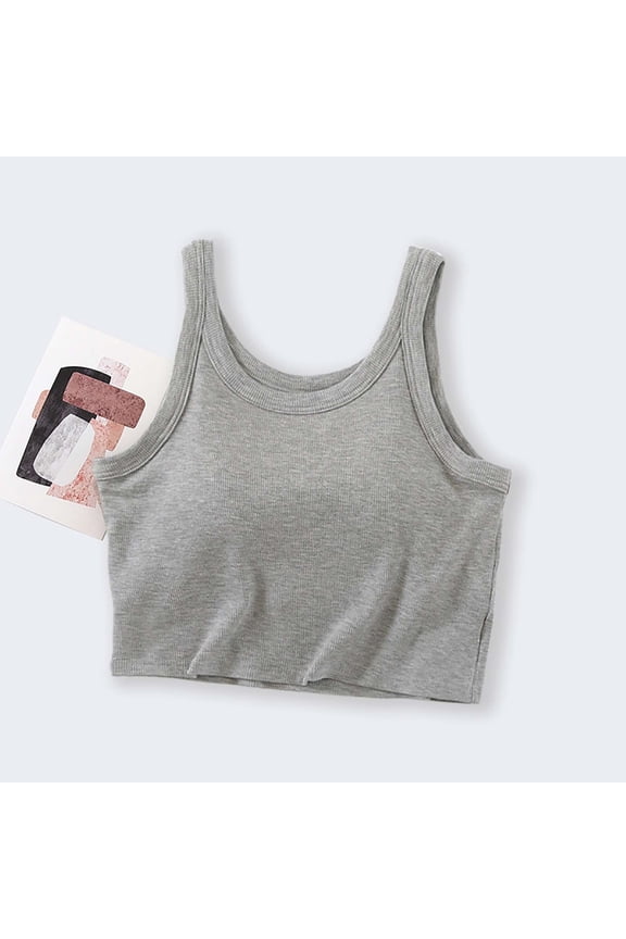 Camisoles Sleeveless Crew Neck Gray Solid Color Crop Tops with Built in Bras Womens Casual Tops and Blouses XL