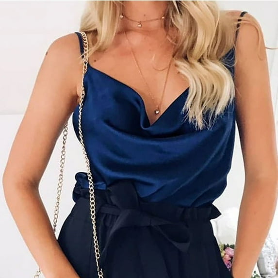 HOMBOM Camisoles V-neck Navy Sleeveless Solid Silk Chiffon Trendy Tops for Women XXL