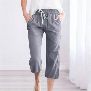 HOMBOM Capri Leggings for Women Plus Gray Cotton Linen Leisure Wide-Leg Capris XL
