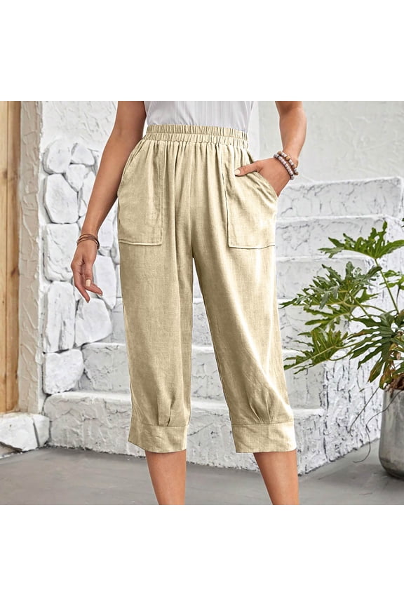Capri Pants for Women Khaki Cotton Linen Leisure Wide-Leg Capris S