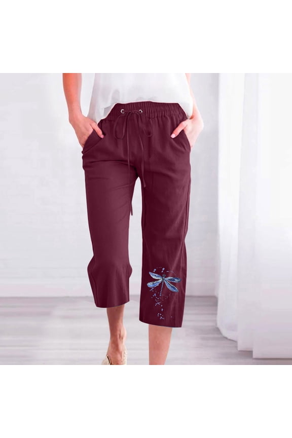 Capri Work Pants for Women Wine Cotton Linen Wide-Leg Leisure Capris L
